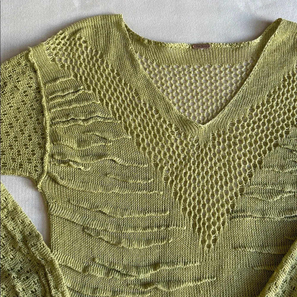 Free‎ People Women’s Open Knit V-Neck Long Sleeve Pullover Sweater Green Size S